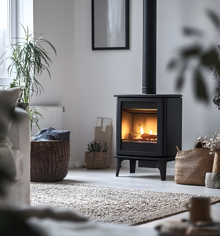 Poêle à bois contemporain avec conduit apparent